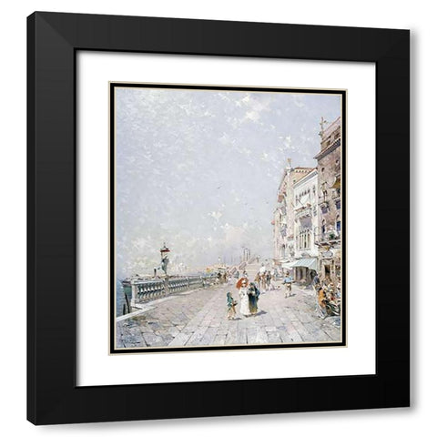 The Molo, Venice, Looking West With Figures Promenading Black Modern Wood Framed Art Print with Double Matting by Unterberger, Franz Richard