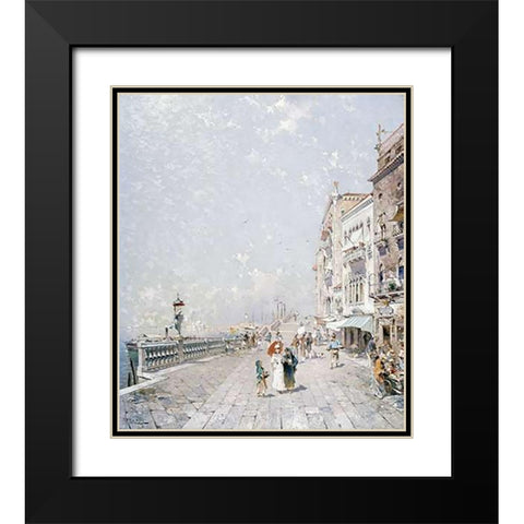 The Molo, Venice, Looking West With Figures Promenading Black Modern Wood Framed Art Print with Double Matting by Unterberger, Franz Richard