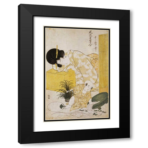 A Mother Dozing While Her Child Topples a Fish Bowl Black Modern Wood Framed Art Print with Double Matting by Utamaro, Kitagawa