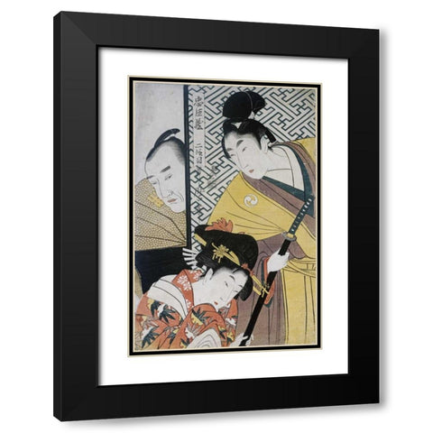 Act II of Chushingura, The Young Samurai Rikiya Black Modern Wood Framed Art Print with Double Matting by Utamaro, Kitagawa