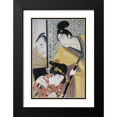 Act II of Chushingura, The Young Samurai Rikiya Black Modern Wood Framed Art Print with Double Matting by Utamaro, Kitagawa
