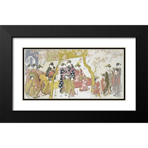 Three Groups of Courtesans With Their Shinzo and Kamuro Black Modern Wood Framed Art Print with Double Matting by Utamaro, Kitagawa