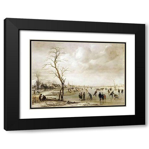 A Winter Landscape Black Modern Wood Framed Art Print with Double Matting by Van Der Neer, Aert