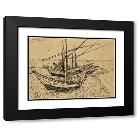 Boats On The Beach at Saintes-Maries-De-La-Mer Black Modern Wood Framed Art Print with Double Matting by Van Gogh, Vincent