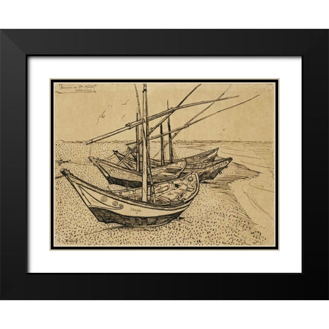 Boats On The Beach at Saintes-Maries-De-La-Mer Black Modern Wood Framed Art Print with Double Matting by Van Gogh, Vincent