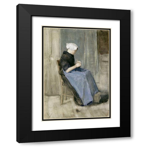 A Young Scheveningen Woman Knitting Black Modern Wood Framed Art Print with Double Matting by Van Gogh, Vincent