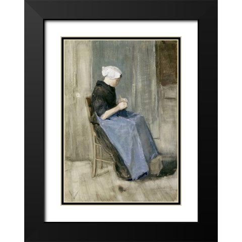 A Young Scheveningen Woman Knitting Black Modern Wood Framed Art Print with Double Matting by Van Gogh, Vincent