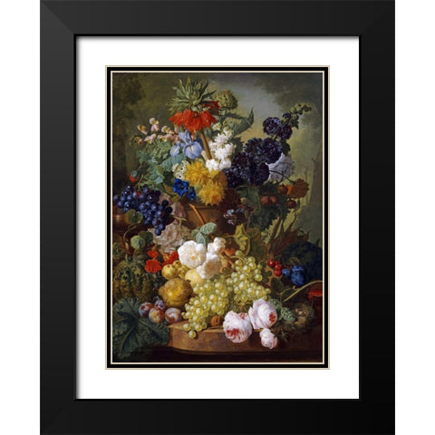 A Still Life of Flowers and Fruit Black Modern Wood Framed Art Print with Double Matting by Van Os, Jan