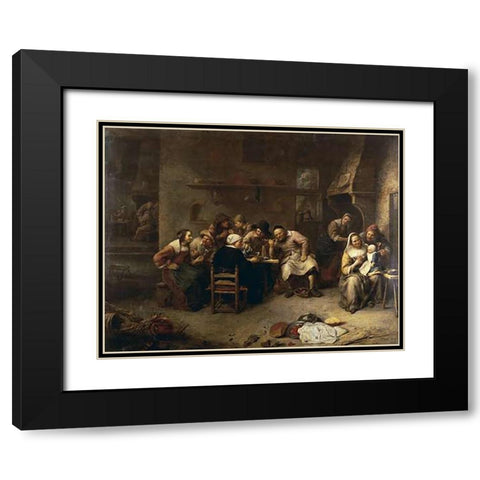 Peasants Drinking and Smoking In An Inn Black Modern Wood Framed Art Print with Double Matting by Van Tilborch, Gillis