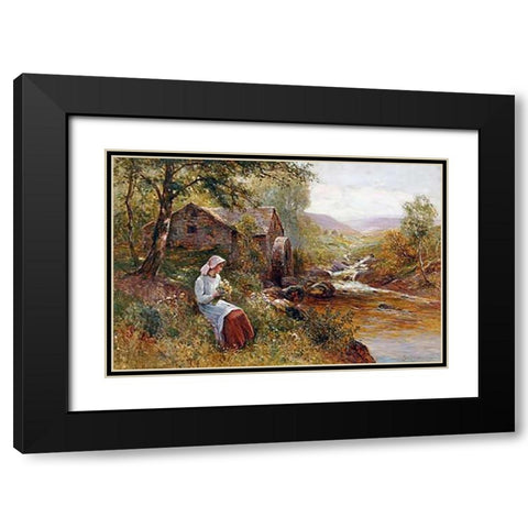 A Young Girl Picking Spring Flowers Black Modern Wood Framed Art Print with Double Matting by Walbourn, Ernest
