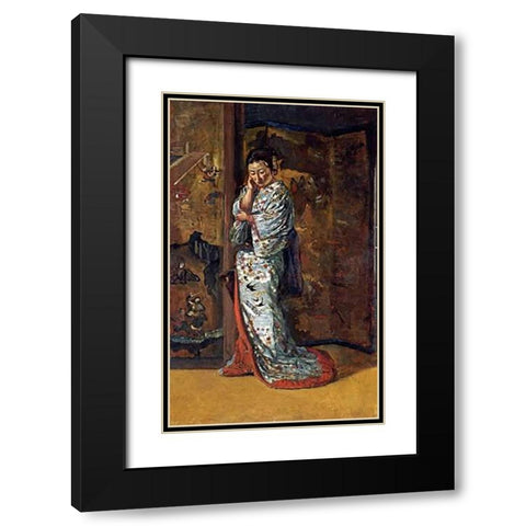 A Japanese Woman In An Interior Black Modern Wood Framed Art Print with Double Matting by Wirgman, Charles
