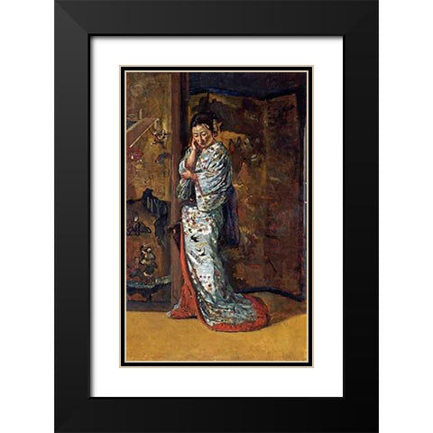A Japanese Woman In An Interior Black Modern Wood Framed Art Print with Double Matting by Wirgman, Charles
