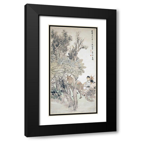Deer Pulling a Chariot Black Modern Wood Framed Art Print with Double Matting by Yi, Ren