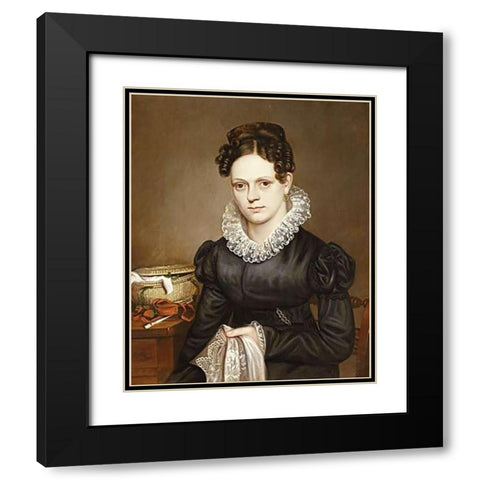 Portrait of a Lady With a Sewing Basket Black Modern Wood Framed Art Print with Double Matting by American School