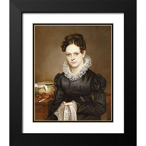 Portrait of a Lady With a Sewing Basket Black Modern Wood Framed Art Print with Double Matting by American School