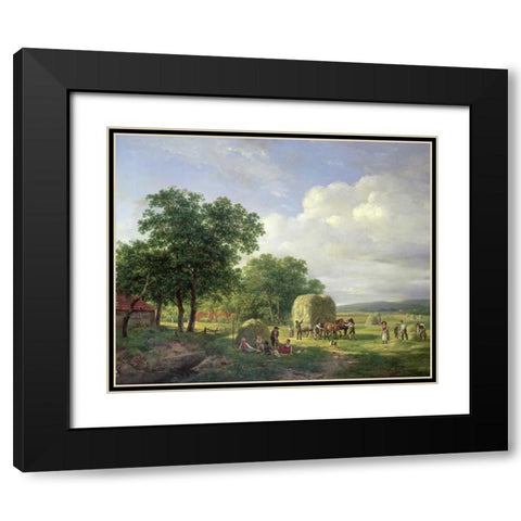 A Wooded Landscape With Haymakers Black Modern Wood Framed Art Print with Double Matting by Van De Sande Bakhuyzen, Hendrik