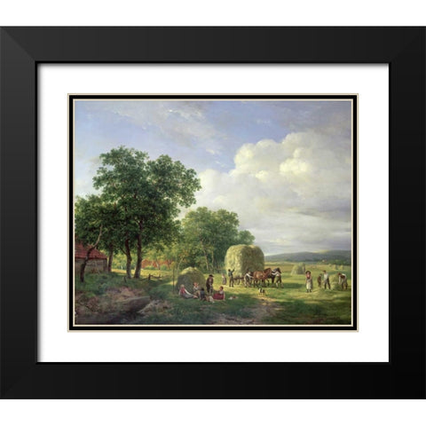 A Wooded Landscape With Haymakers Black Modern Wood Framed Art Print with Double Matting by Van De Sande Bakhuyzen, Hendrik