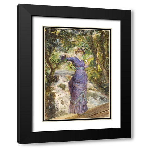 Girl Reading By a Waterfall Black Modern Wood Framed Art Print with Double Matting by Bashkirtseva, Maria Konstantinovna