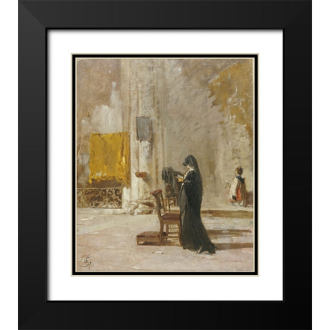 A Lady Praying In Church Black Modern Wood Framed Art Print with Double Matting by Bianchi, Mose
