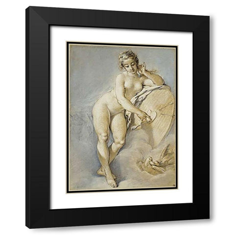 Venus Standing, Gesturing Towards a Heart On a Targe With Two Doves Black Modern Wood Framed Art Print with Double Matting by Boucher, Francois