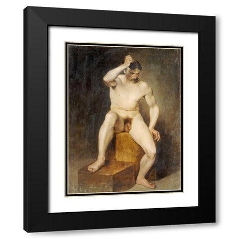 A Seated Male Nude Black Modern Wood Framed Art Print with Double Matting by Von Staschiripka Canon, Hans