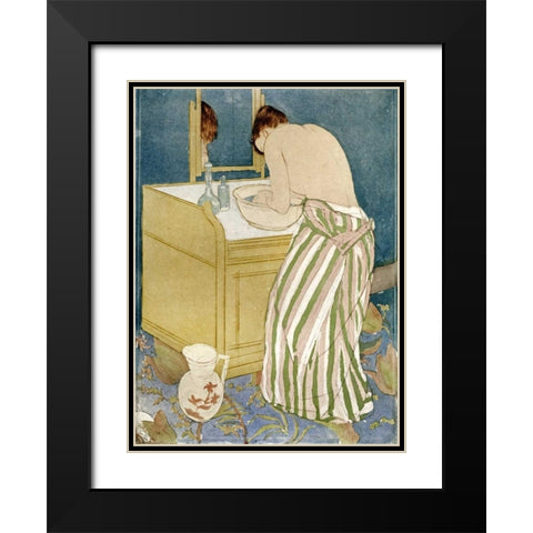 Woman Bathing Black Modern Wood Framed Art Print with Double Matting by Cassatt, Mary