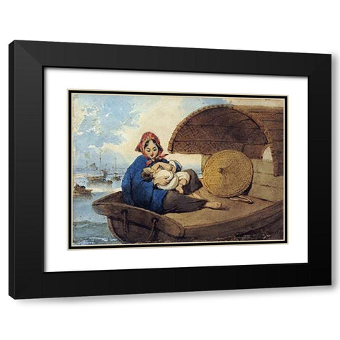 A Tanka Woman With Her Child On a Boat Black Modern Wood Framed Art Print with Double Matting by Chinnery, George