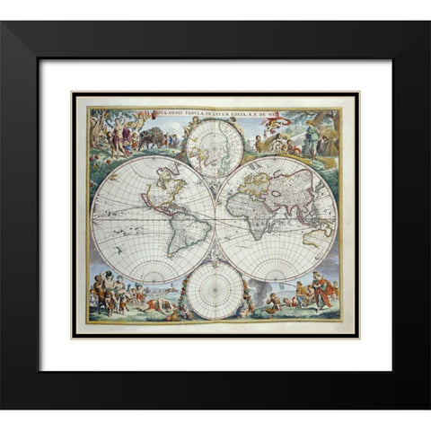 Map of The World Black Modern Wood Framed Art Print with Double Matting by De Wit, Frederick