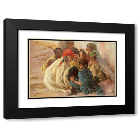 Arab Children Playing Black Modern Wood Framed Art Print with Double Matting by Dinet, Alphonse Etienne