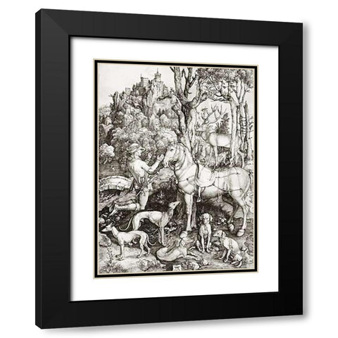 Saint Eustace Black Modern Wood Framed Art Print with Double Matting by Durer, Albrecht