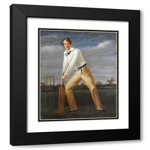 A Cricketer at The Crease Black Modern Wood Framed Art Print with Double Matting by English School