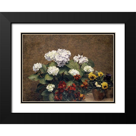 Hydrangeas, Wallflowers and Two Pots of Pansies Black Modern Wood Framed Art Print with Double Matting by Fantin-Latour, Henri