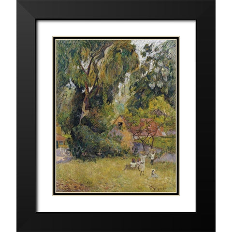 Huts Under The Trees Black Modern Wood Framed Art Print with Double Matting by Gauguin, Paul