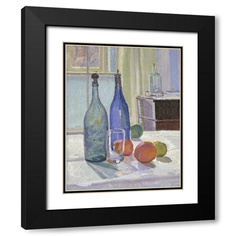 Blue and Green Bottles and Oranges Black Modern Wood Framed Art Print with Double Matting by Gore, Spencer Frederick