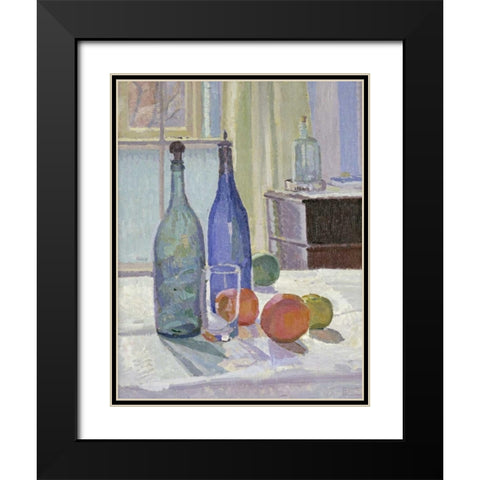 Blue and Green Bottles and Oranges Black Modern Wood Framed Art Print with Double Matting by Gore, Spencer Frederick
