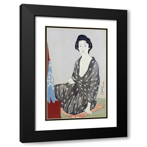 A Beauty In a Black Kimono Black Modern Wood Framed Art Print with Double Matting by Goyo, Hashiguichi