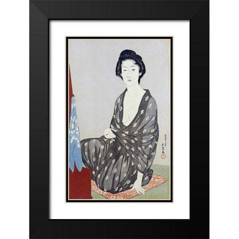 A Beauty In a Black Kimono Black Modern Wood Framed Art Print with Double Matting by Goyo, Hashiguichi