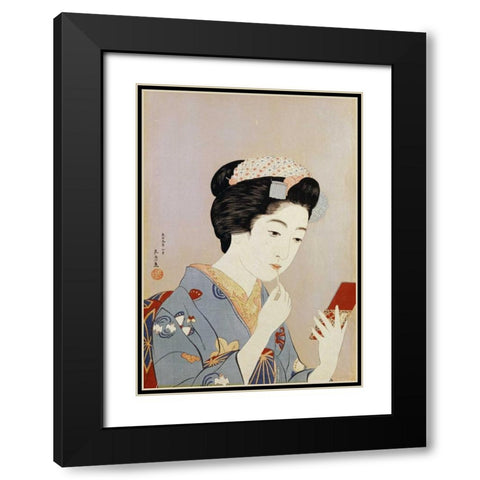 A Maiko Applying Rouge To Her Lips Black Modern Wood Framed Art Print with Double Matting by Goyo, Hashiguichi