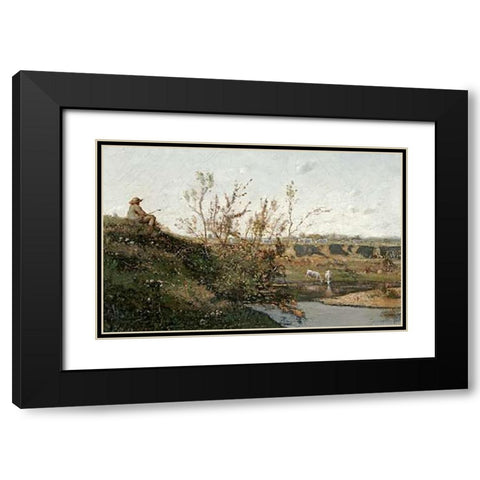LAbreuvoir Black Modern Wood Framed Art Print with Double Matting by Harpignies, Henri-Joseph
