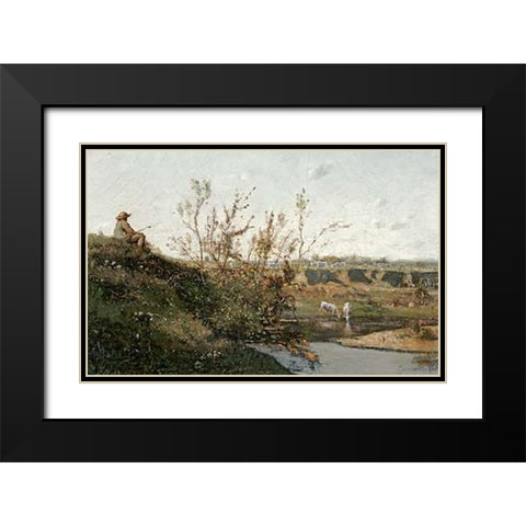 LAbreuvoir Black Modern Wood Framed Art Print with Double Matting by Harpignies, Henri-Joseph