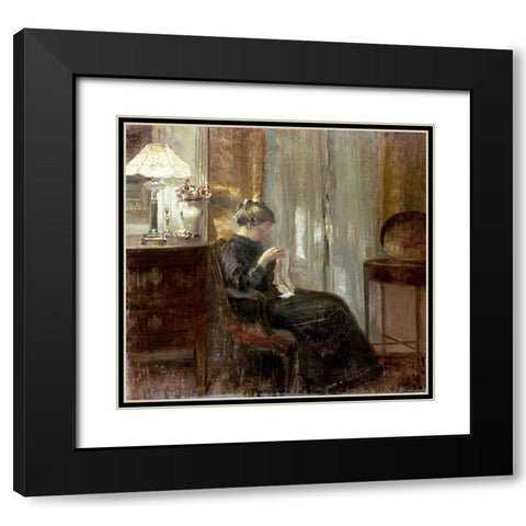 A Woman Sewing In An Interior Black Modern Wood Framed Art Print with Double Matting by Holsoe, Carl