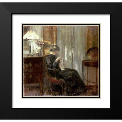 A Woman Sewing In An Interior Black Modern Wood Framed Art Print with Double Matting by Holsoe, Carl