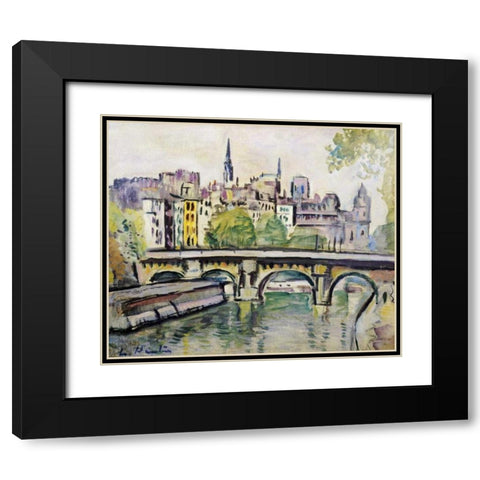 Le Pont Neuf, Paris Black Modern Wood Framed Art Print with Double Matting by Hunter, George Leslie