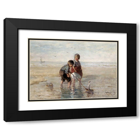 Children Playing By The Seaside Black Modern Wood Framed Art Print with Double Matting by Israels, Jozef
