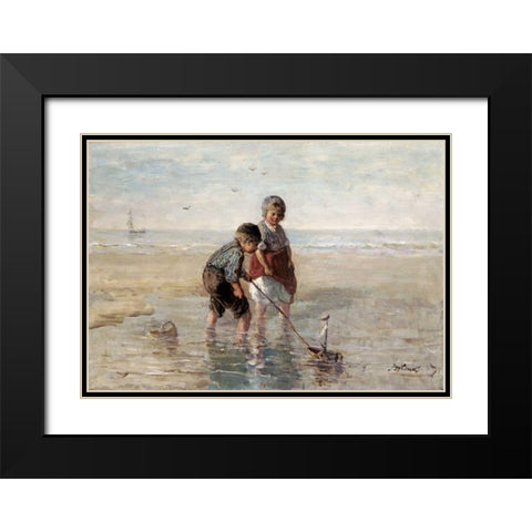 Children Playing By The Seaside Black Modern Wood Framed Art Print with Double Matting by Israels, Jozef