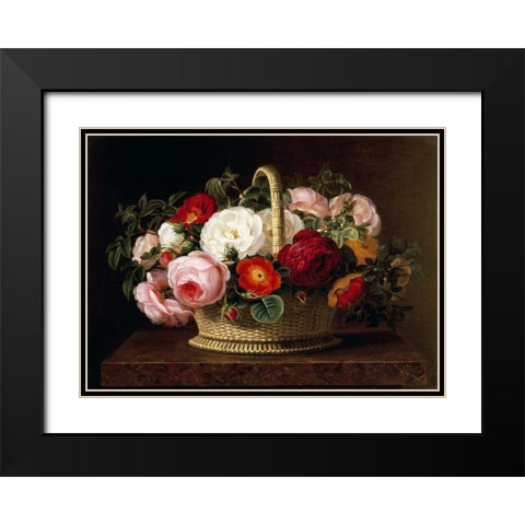Roses In a Basket On a Ledge Black Modern Wood Framed Art Print with Double Matting by Jensen, Johan Laurents