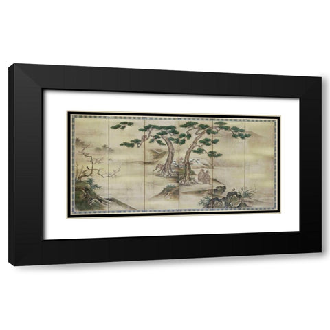 Birds, Flowers and Monkeys Six-Panel Screen Black Modern Wood Framed Art Print with Double Matting by Kano School