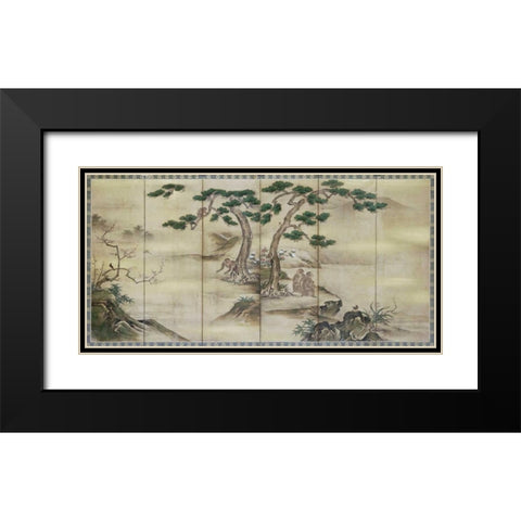 Birds, Flowers and Monkeys Six-Panel Screen Black Modern Wood Framed Art Print with Double Matting by Kano School