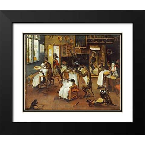 A Singerie: Monkey Barbers Serving Cats Black Modern Wood Framed Art Print with Double Matting by Van Kessel, Jan