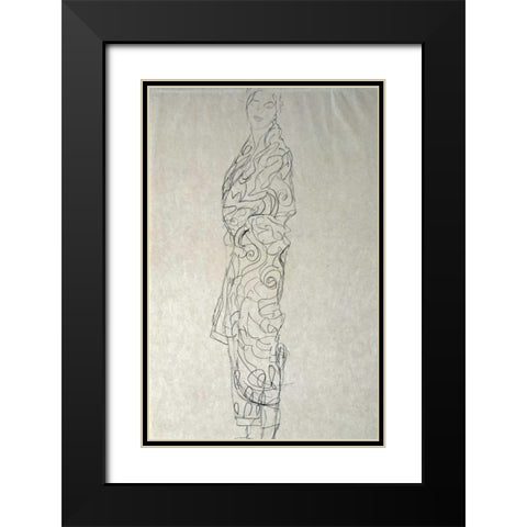 Woman In a Kimono Black Modern Wood Framed Art Print with Double Matting by Klimt, Gustav